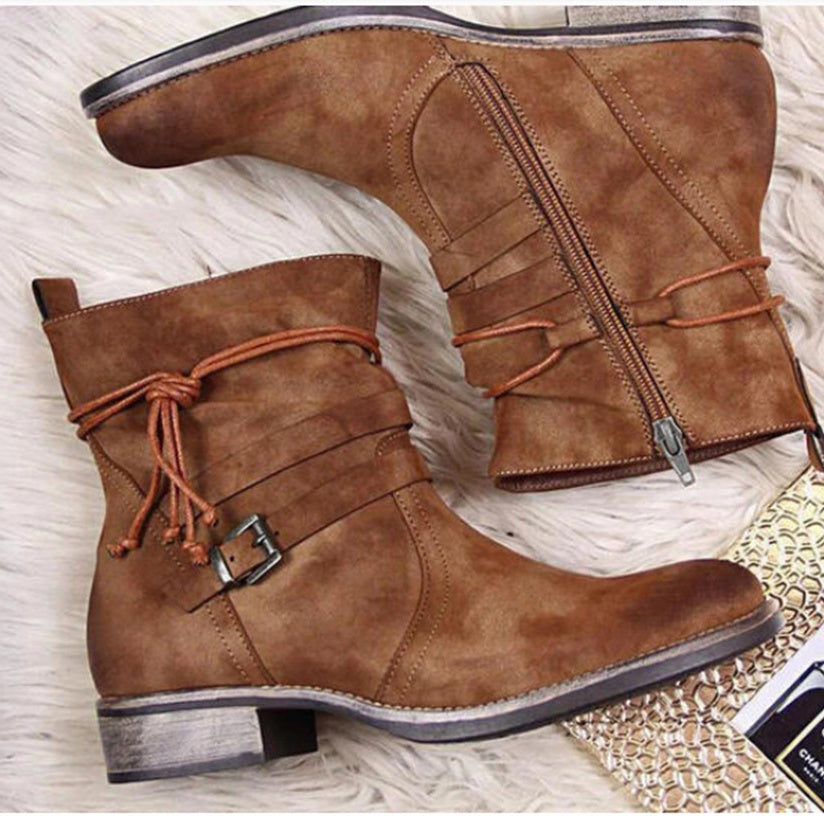 Women's Round Toe Side Zipper Low Heel Flat Belt Buckle Suede Boots