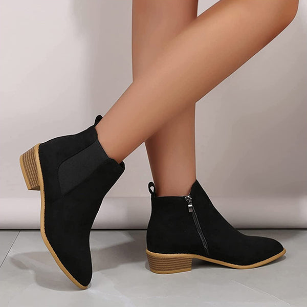 Womens Suede Zipper Side Pointed Thick Heel Boots