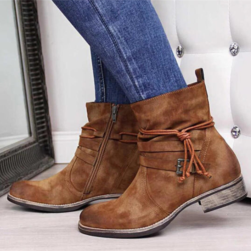 Women's Round Toe Side Zipper Low Heel Flat Belt Buckle Suede Boots