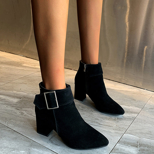 LAST DAY 50% OFF-Women's Suede Belt Buckle Zipper Thick Heel Pointed Ankle Boots