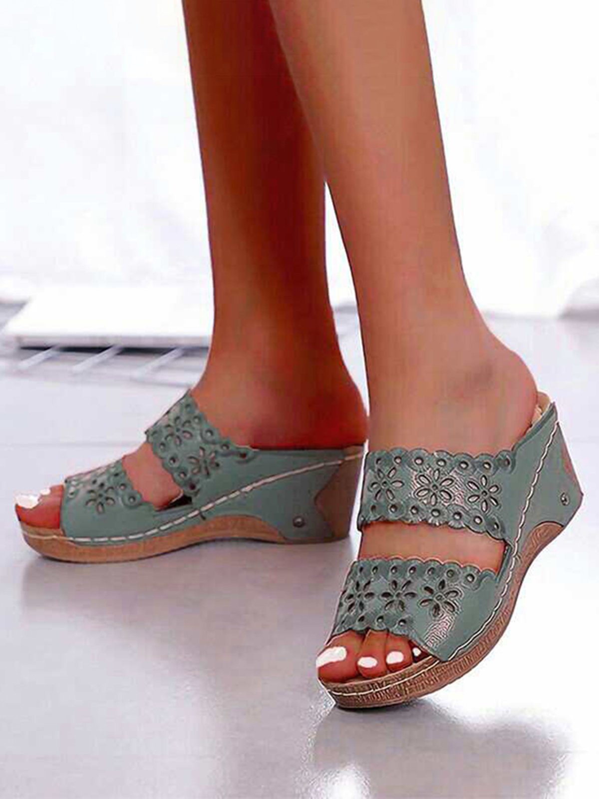 Embroidered Cutout Platform Wedge Slipper Sandals