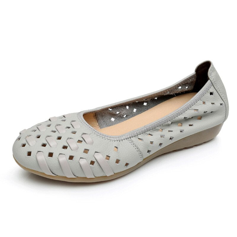 Fashion Genuine Leather Casual Loafers Shoes Women Sandals Summer Shoes Flats with Hollow Out Size 35-43
